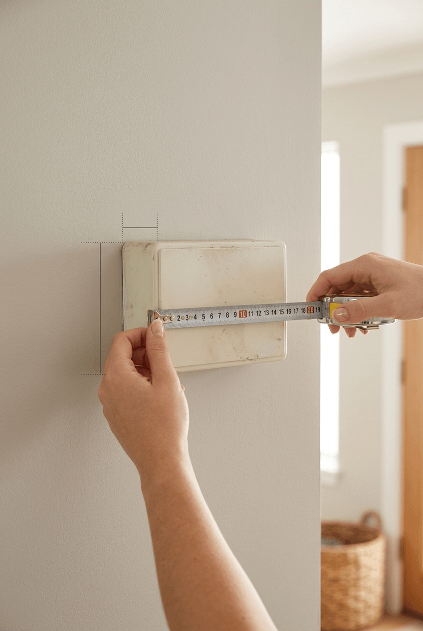 Measuring a doorbell chime unit with a tape measure to find the correct height width and depth for a replacement cover