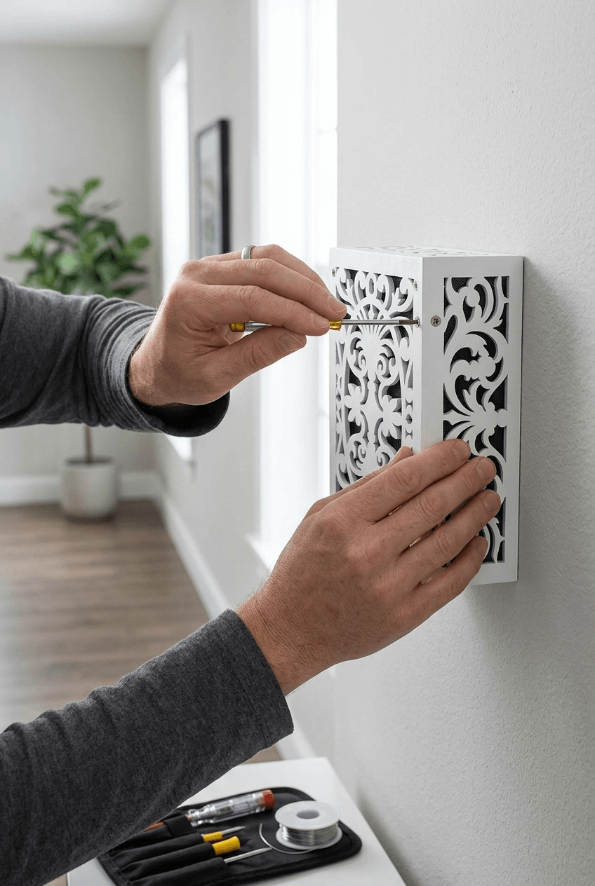 Close-up of a doorbell chime cover being inspected to identify the attachment type