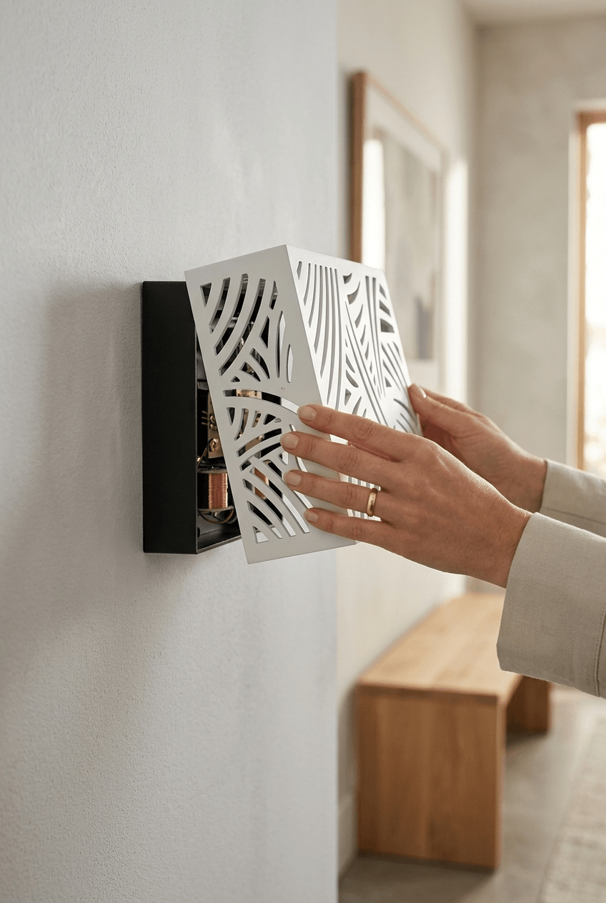 Doorbell chime cover mounted on a clean interior wall in a modern home