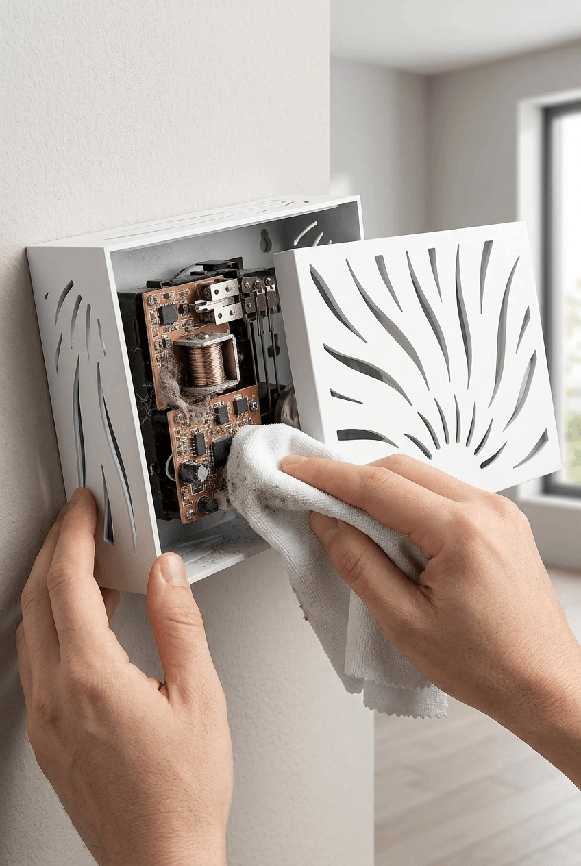 Hand switching off circuit breaker before removing doorbell chime cover for safety
