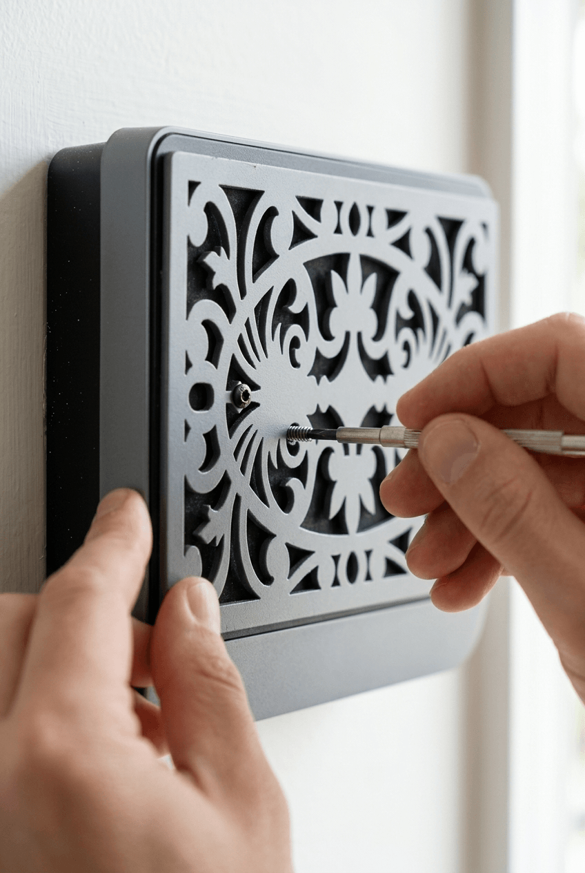Hands reattaching a clean doorbell chime cover back onto the chime box